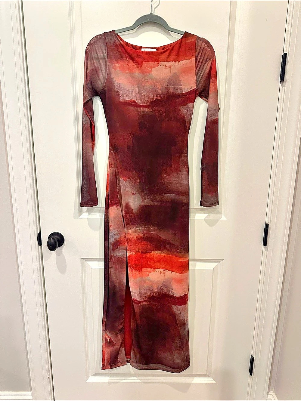 Emory Park Abstract Mesh Maxi Dress in Red & Brown Like New